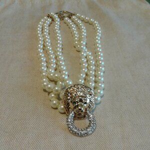 Triple Strand Kenneth Jay Lane Faux Pearl Choker with Gold Lion-head